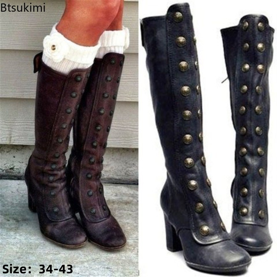 Winter Fashion Women Boots - Stivali Neri Retrò con Borchie alla